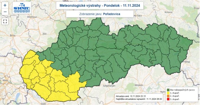 Výstraha prvého stupňa pred poľadovicou je vydaná pre 16 okresov Slovenska.