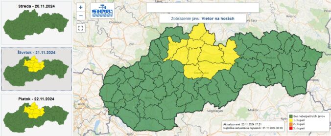 Výstraha prvého stupňa pred silným vetrom na horách je vydaná na noc zo štvrtka na piatok pre žltou farbou označené okresy Slovenska.