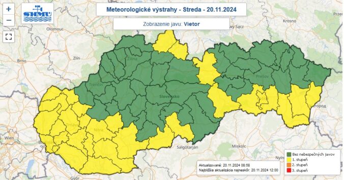 Výstraha prvého stupňa pred silným vetrom vydaná na stredu 20. novembra 2024.