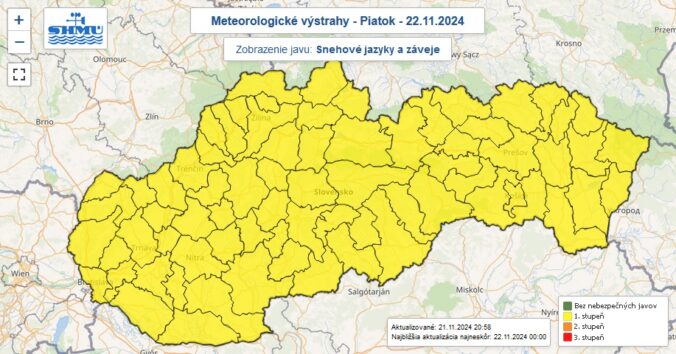 Výstraha prvého stupňa pred snehovými jazykmi a závejmi platí pre celé Slovensko.