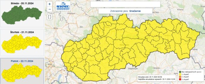 Výstraha prvého stupňa pred snežením je vydaná vo štvrtok od 23.00 do piatkového predpolundia pre celé Slovensko.