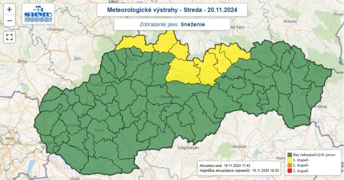 Výstraha prvého stupňa pred snežením vydaná na stredu 20. novembra 2024.