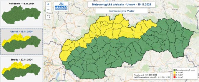 Výstraha prvého stupňa pred vetrom vydaná na utorok a stredu.