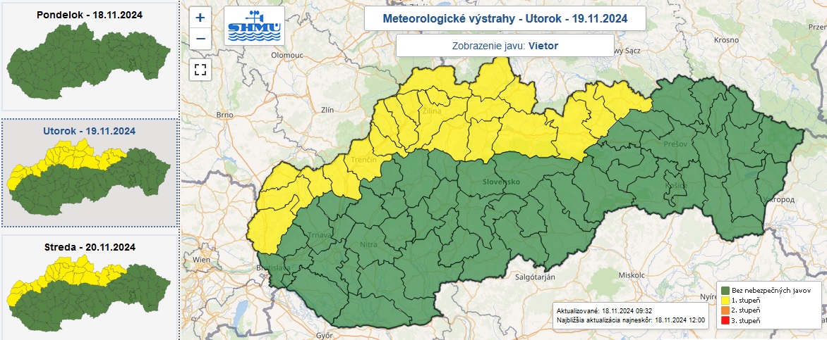 Výstraha prvého stupňa pred vetrom vydaná na utorok a stredu.