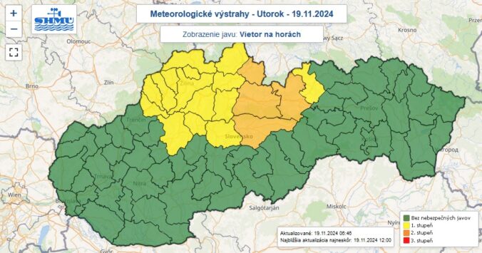 Výstrahy prvého a druhého stupňa pred silným vetrom na horách vydané na utorok 19. novembra 2024.