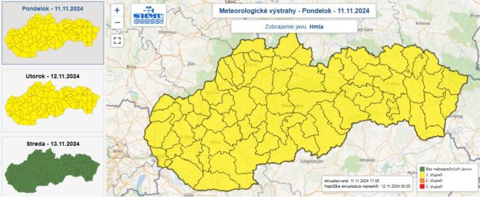 Žltá výstraha prvého stupňa pred hmlou je vydaná od pondelka 17.00 do utorka 11.00 pre celé Slovensko