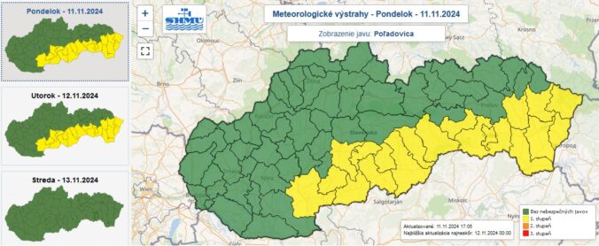 Žltá výstraha prvého stupňa pred poľadovicou je vydaná pre 19 okresov Slovenska.