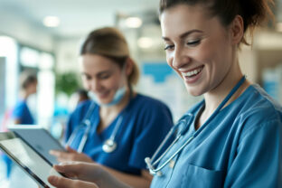 Within the cutting edge clinic environment, a nurse and medical professional stand together, their faces alight with smiles as they work seamlessly with tablets,.