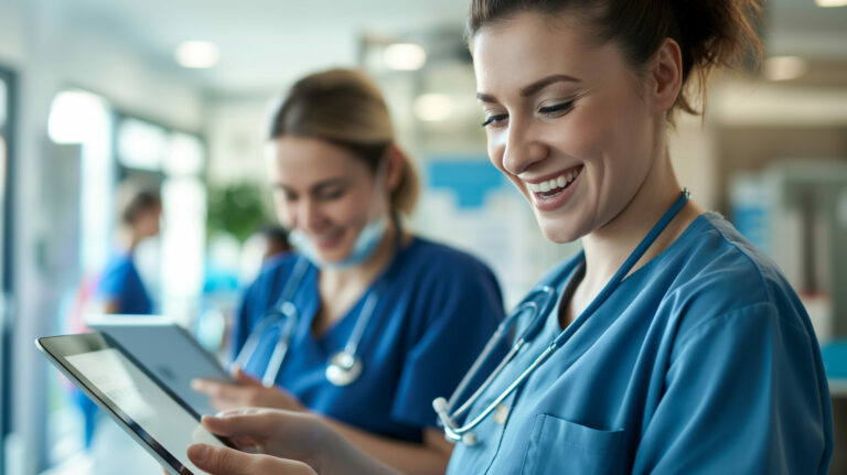 Within the cutting edge clinic environment, a nurse and medical professional stand together, their faces alight with smiles as they work seamlessly with tablets,.