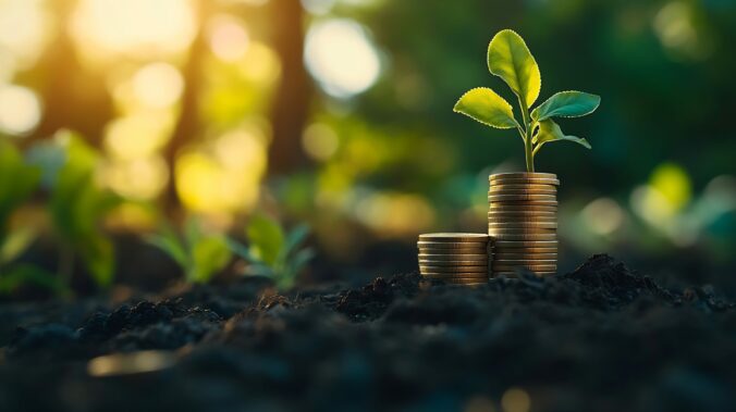 Investment Ideas and Business Growth Coins stacked on the ground with a digital graph Green business growth Finance sustainable development Investing in renewable energy is crucial for : Generative AI