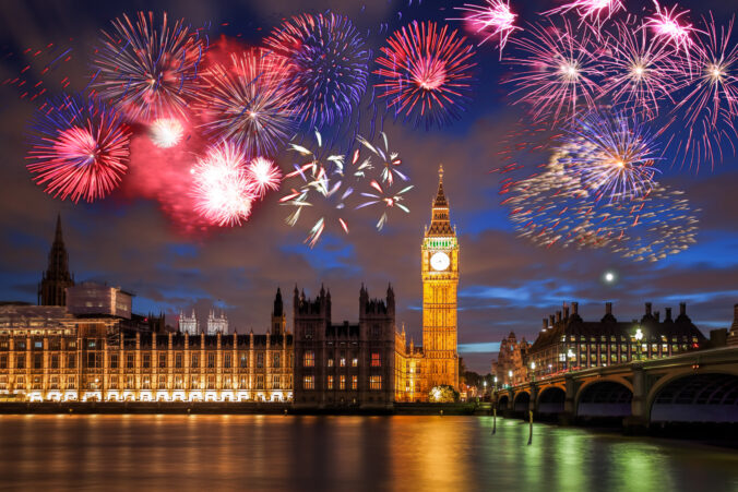 Big Ben with firework in London, England (celebration of the New Year)