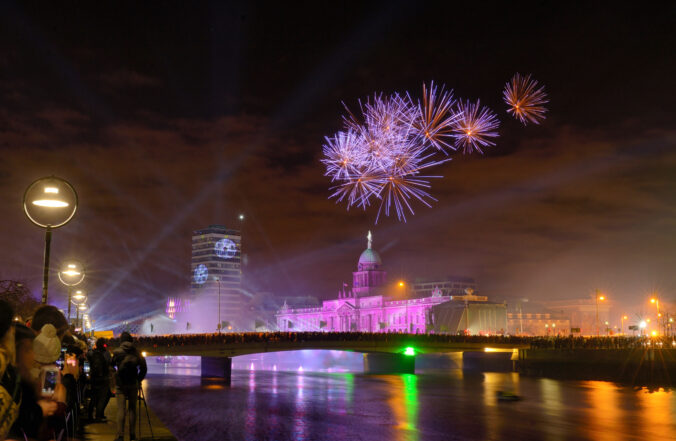 Custom House Dublin, Ireland - January 1, 2019 new year fireworks