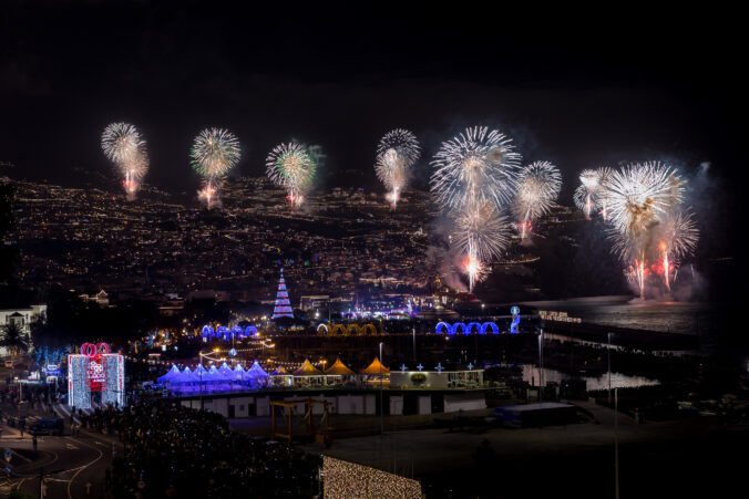 Magnificent New Year fireworks beginning of year of 2020 in Funchal city, Madeira Island, Portugal.