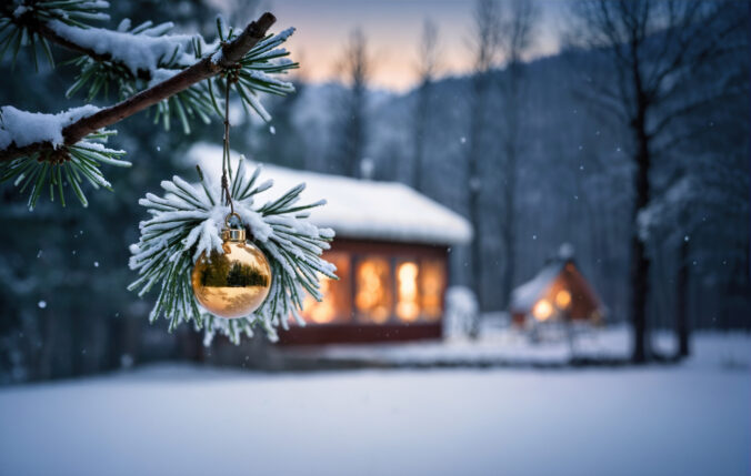 A Christmas tree branch with a gold ornament hanging from it