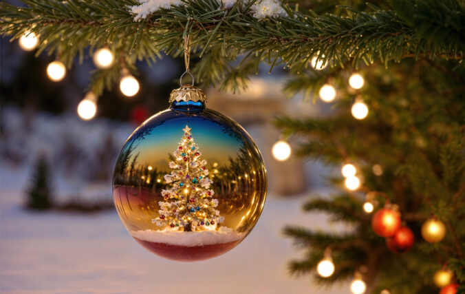 A Christmas tree ornament with a glass ball inside of it