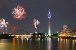 Firework in Dusseldorf media harbor.