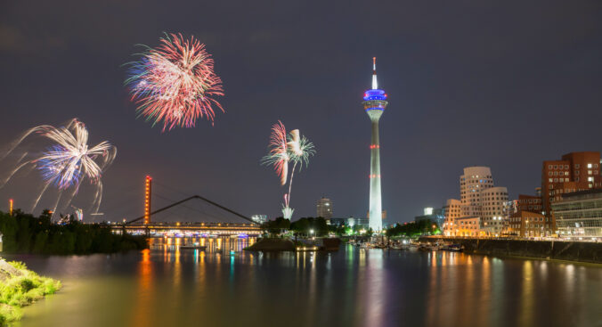 Firework in Dusseldorf media harbor.