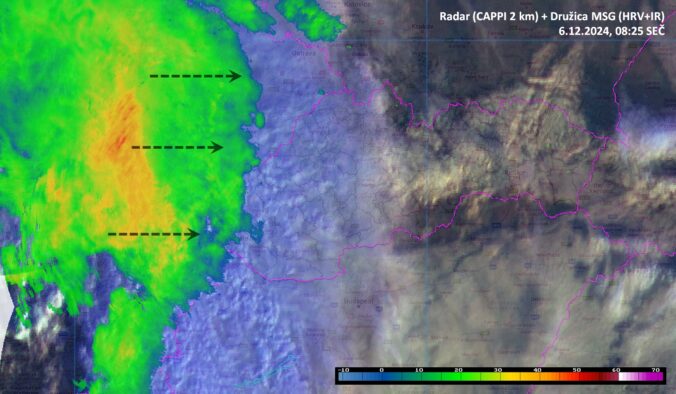 Rozsiahle frontálne zrážkové pásmo postúpilo nad naše územie zo západu.