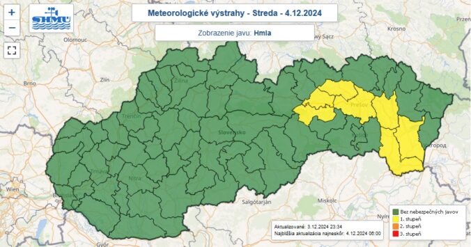 Varovanie prvého stupňa pred hmlou je do 9.00 platná pre žltou farbou označené okresy Slovenska.