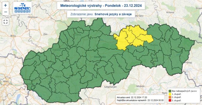 Varovanie prvého stupňa pred snehovými jazykmi aj závejmi vydané na pondelok 23. decembra 2024 od 15.00.