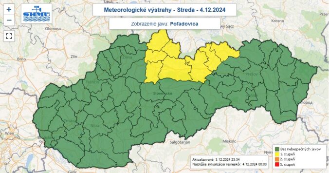 Výstraha prvého stupňa pred poľadovicou je vydaná pre žltou farbou zafarbené okresy Slovenska.