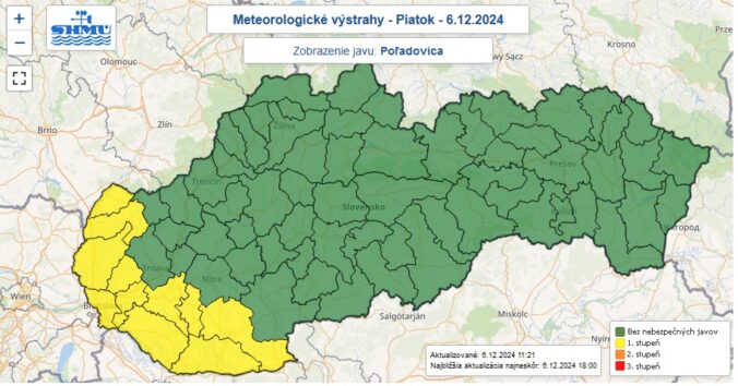 Výstraha prvého stupňa pred poľadovicou na piatok 6. decembra 2024 od 18.00.