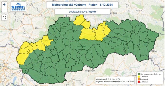 Výstraha prvého stupňa pred silným vetrom je v piatok 6. decembra 2024 vydaná pre 11 okresov Slovenska.