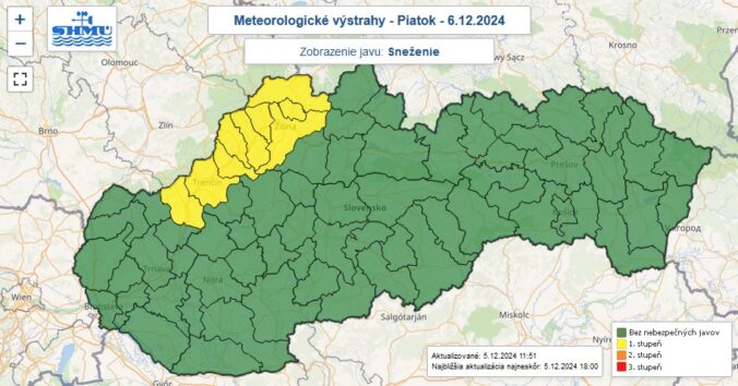 Výstraha prvého stupňa pred snežením je na piatok 6. decembra 2024 vydaná pre 9 okresov.