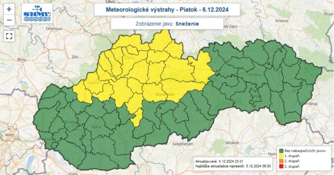 Výstraha prvého stupňa pred snežením je na piatok 6. decembra vydaná pre žltou farbou označené okresy Slovenska.