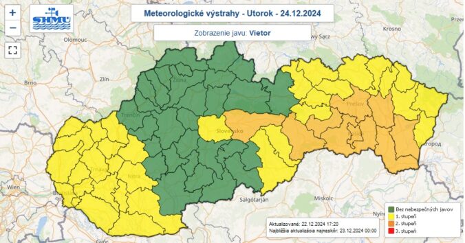 Výstrahy prvého a druhého stupňa pred silným vetrom na horách vydané na 24. decembra 2024.