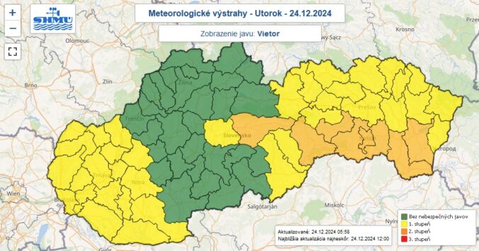 Výstrahy prvého a druhého stupňa pred silným vetrom vydané na Štedrý deň - 24. decembra 2024.