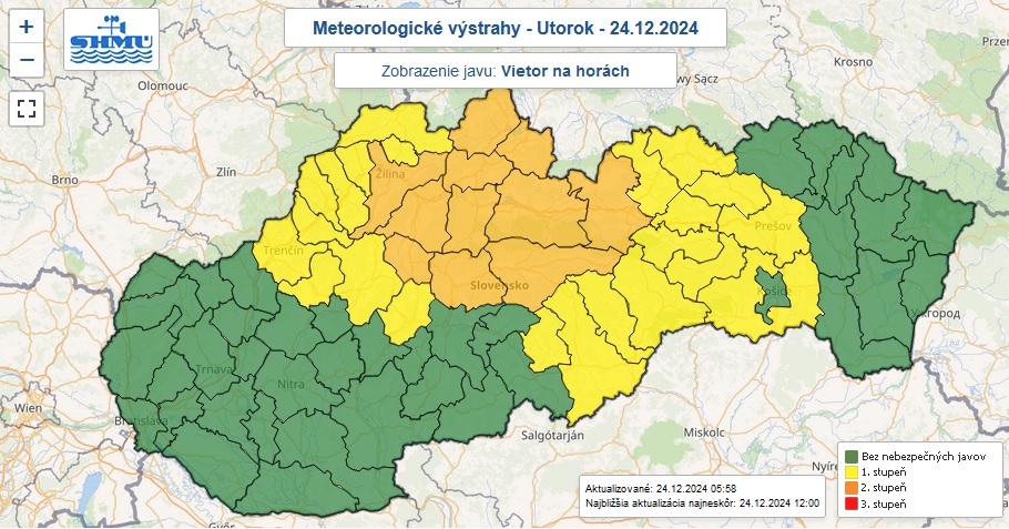 Výstrahy prvého aj druhého stupňa pred silným vetrom na horách vydané na Štedrý deň - 24. decembra 2024.