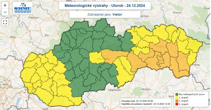 Výstrahy prvého aj druhého stupňa pred silným vetrom vydané na utorok 24. decembra 2024.