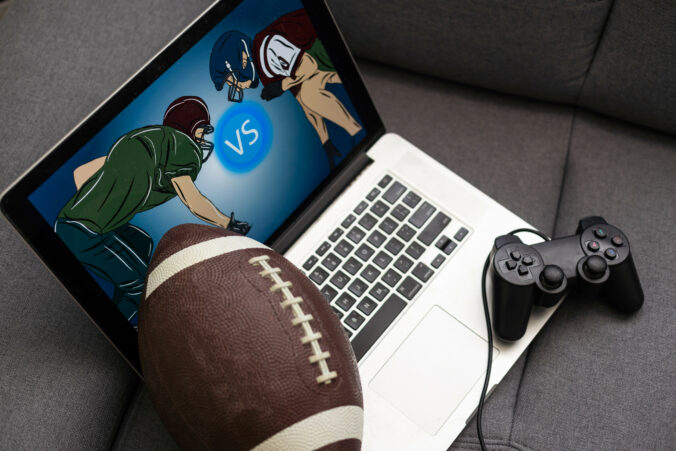 Rugby ball, joystick, video game at home