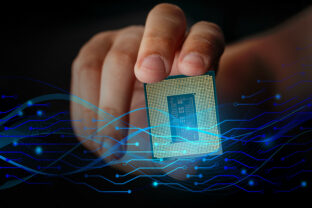 CPU from contact side in hand and symbolic graphic waves and contact printed tracks for presentations, teaching materials. Computer technology, architecture, electronics. High performance processing