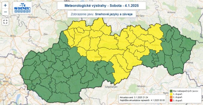 Do soboty 8.00 sa môžu v niektorých okresoch Slovenska tvoriť snehové jazyky a záveje.