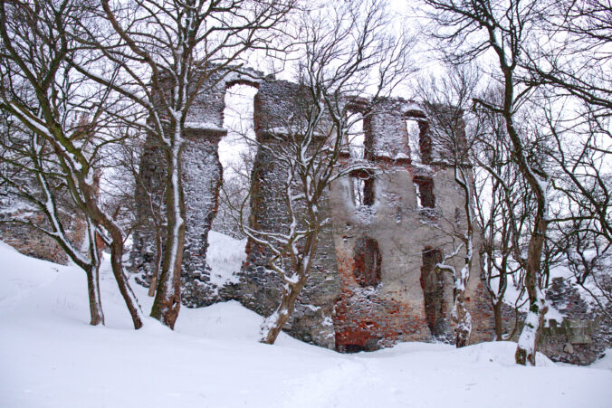 Old mysterious ruin castle in Carpathians in winter cloudy day