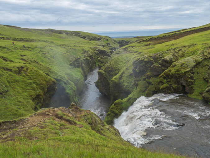 Beautifull waterfall on the Skoga River with no people on famous Fimmvorduhals trail second part of Laugavegur trek. Summer landscape on a sunny day. Amazing in nature. August 2019, South Iceland