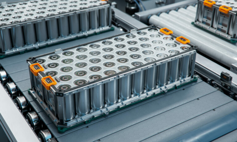 Lithium ion High voltage Battery Component for Electric Vehicle or Hybrid Car. Battery Module for Automotive Industry on Production Line. High Capacity Battery on Conveyor.