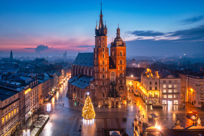 Old town of Krakow with amazing architecture at dawn, Poland.