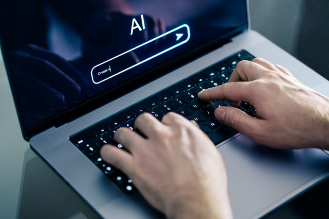 AI chat prompt. Artificial intelligence and digital technology. Man using chatbot with laptop at work. Creative content. Generate text or image. Command input on website.