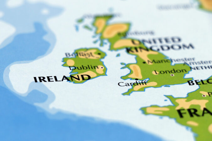 World map of europe, ireland bordering country in close up