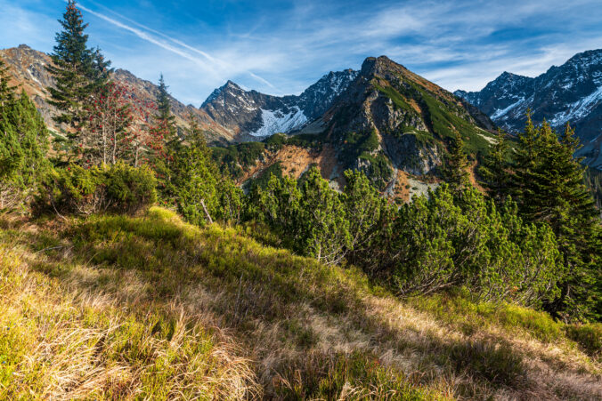 Amazing autumn Tatra mountains - view from hiking trail to Zavory mountains pass