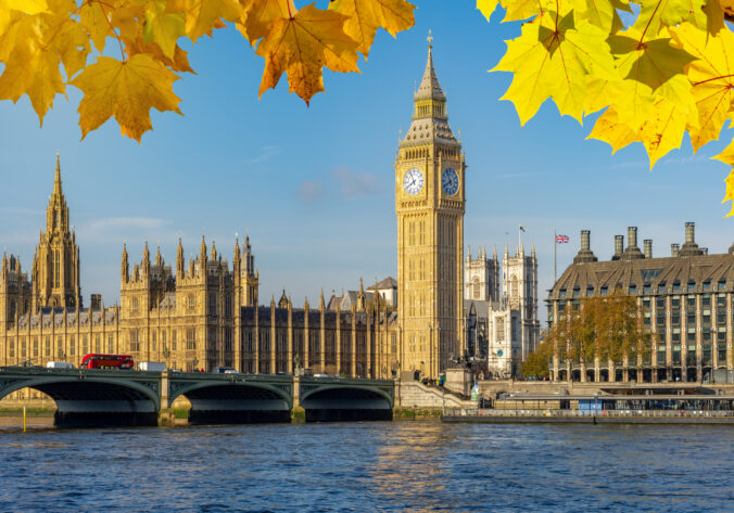 Big Ben with Houses of Parliament and Westminster bridge in autumn, London, UK