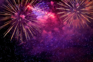 Purple Firework celebrate anniversary happy new year 2025, 4th of july holiday festival. Purple firework in night time celebrate national holiday. Violet firework Countdown to new year 2025 festival