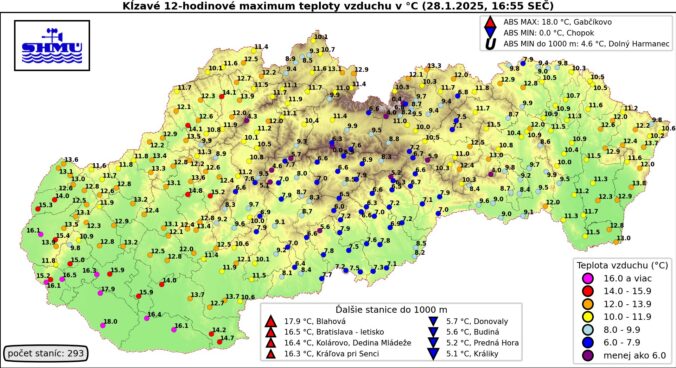 Najvyššia denná teplota - utorok 28. január 2025.