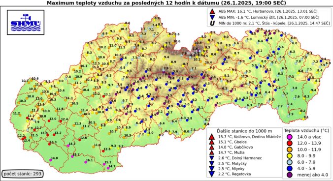 Najvyššie denné teploty - 26. január 2025.