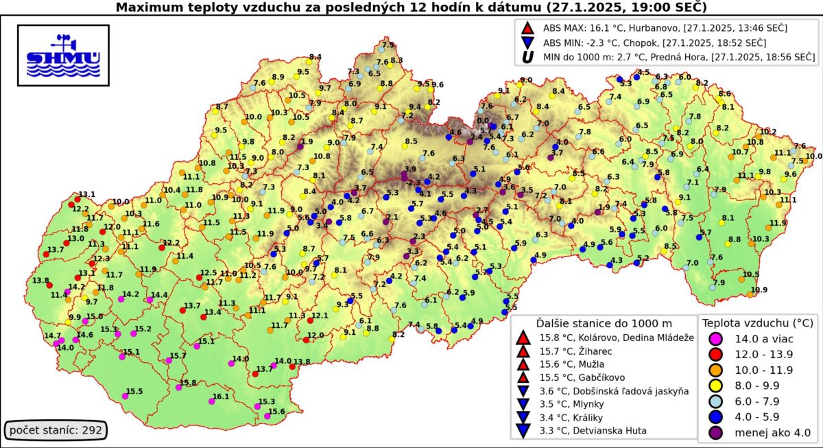 Najvyššie denné teploty - 27. január 2025.