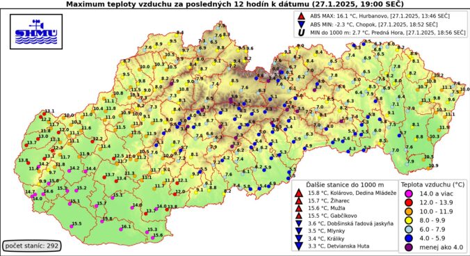 Najvyššie denné teploty - 27. január 2025.