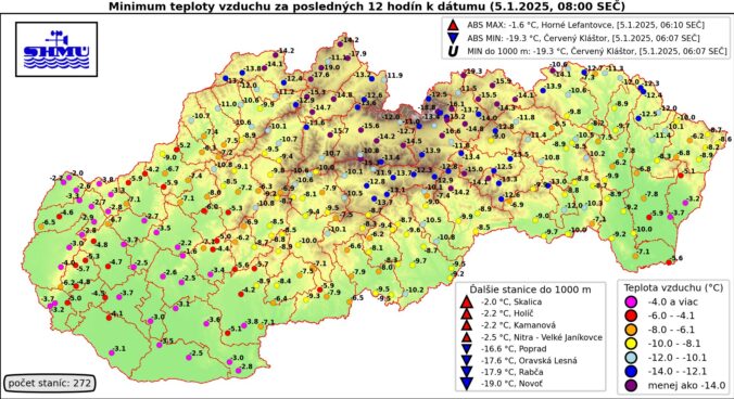 Nočné teploty zo sobotu na nedeľu na Slovensku.